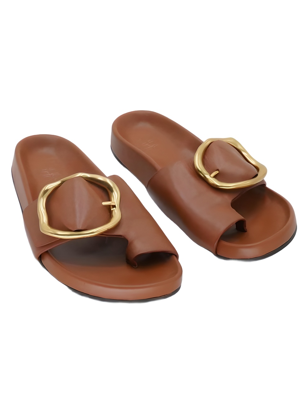 Franco Sarto Brianka Tan Leather Gold Buckle Slide Sandals Size 7.5M
